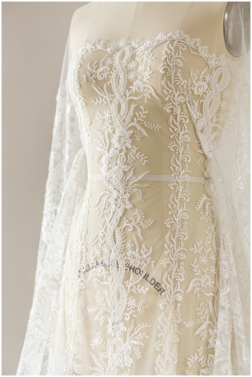 Schwerer Perlen Spitzenstoff, Braut Spitzenstoff, Hochzeitskleid Spitzenstoff, florale Spitze, Braut Spitzenkleid, Wellenspitze// L17-107
