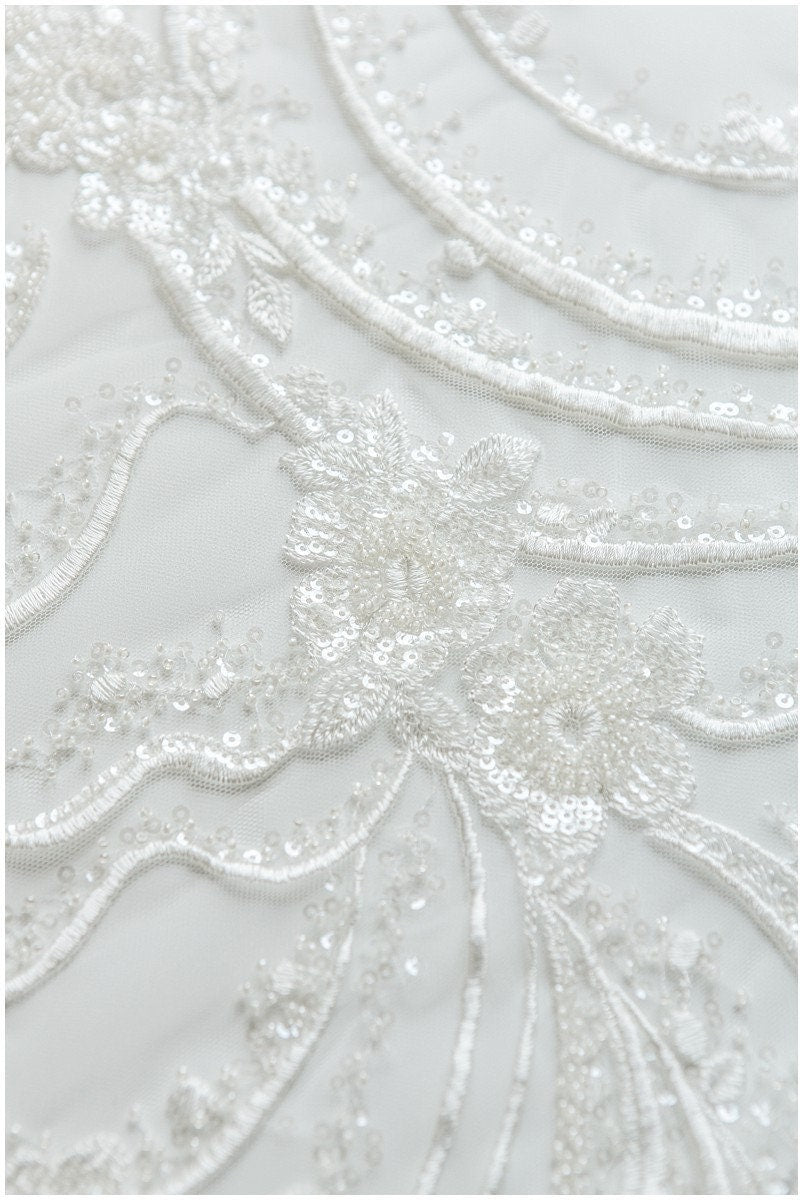 Heavy beaded flower lace fabric, bridal lace fabric, wedding dress lace fabric, floral lace, bridal lace dress, wave lace// L17-110