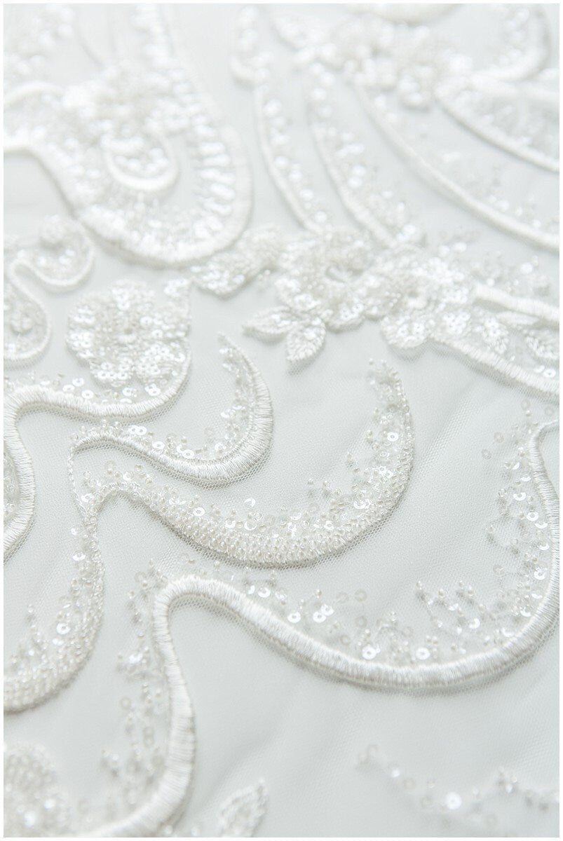 Heavy beaded flower lace fabric, bridal lace fabric, wedding dress lace fabric, floral lace, bridal lace dress, wave lace// L17-110