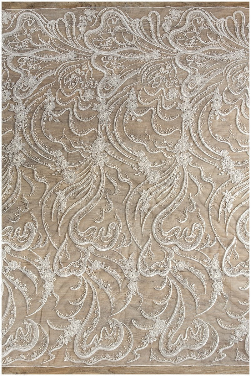 Heavy beaded flower lace fabric, bridal lace fabric, wedding dress lace fabric, floral lace, bridal lace dress, wave lace// L17-110