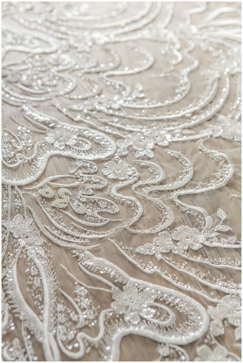 Heavy beaded flower lace fabric, bridal lace fabric, wedding dress lace fabric, floral lace, bridal lace dress, wave lace// L17-110