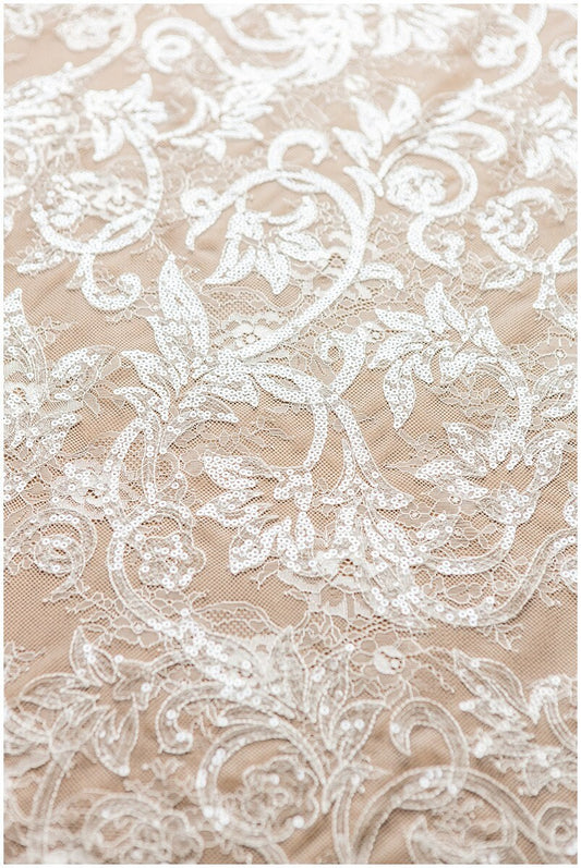 Glitter lace fabric with sequins/ Chantilly base bridal lace fabric/ Off-White lace/ French lace fabric// L17-115