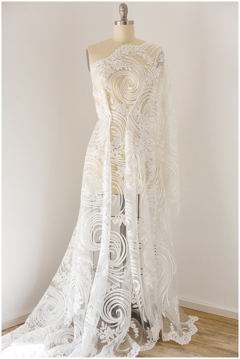 Spiralblüten Spitzenstoff, Braut Spitzenstoff, französische Spitze, bestickte Spitze, Hochzeitskleid Spitzenstoff, Blumenspitze, Paillettenspitze// L17-127