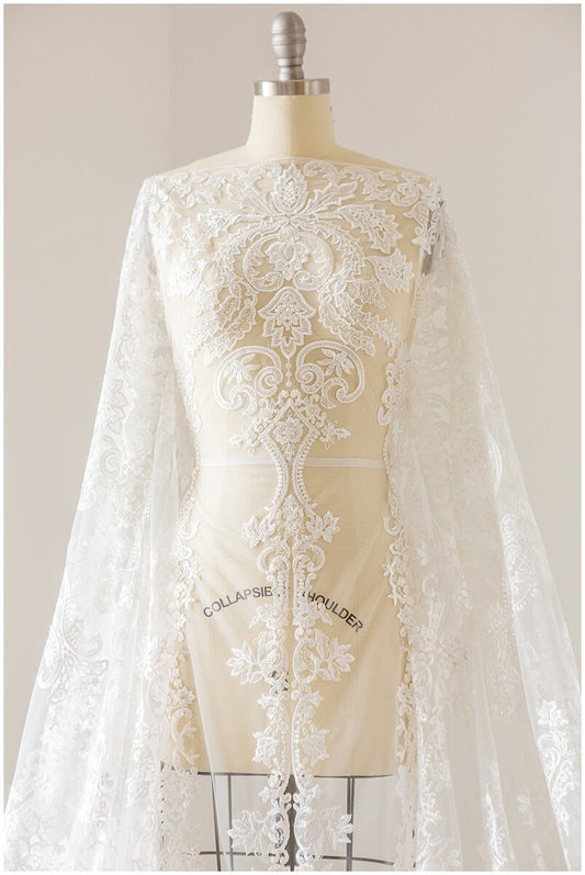 Bestickter Spitzenstoff Off-White/ Boho Brautkleid Spitzenstoff/ bestickte Spitze/ Ornament Brautspitze/ florale Spitze// L17-133