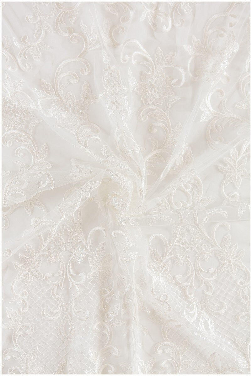 Romantic lace fabric off-white/ modern bridal lace fabric/ embroidered lace/ floral bridal lace/ ornament bridal lace fabric// L17-134