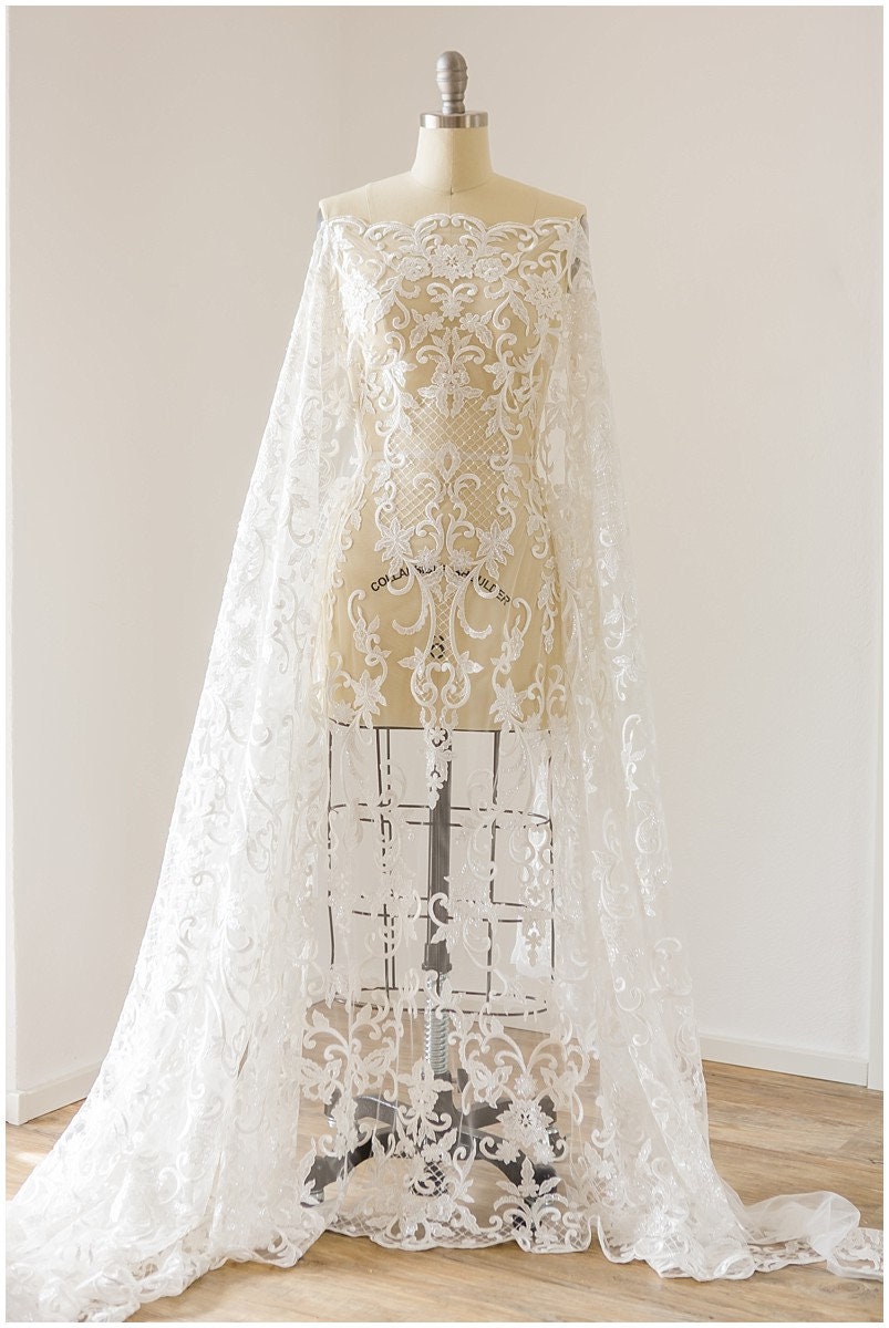 Romantic lace fabric off-white/ modern bridal lace fabric/ embroidered lace/ floral bridal lace/ ornament bridal lace fabric// L17-134