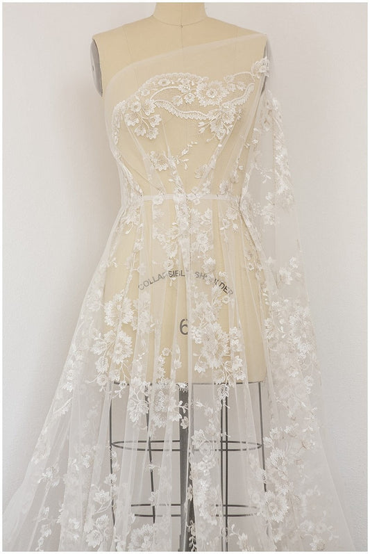 Weicher Blüten Spitzenstoff Off-White Silber/ Braut Spitzenstoff/ Hochzeitskleid Spitzenstoff mit Pailletten/ florale Spitze// L17-101