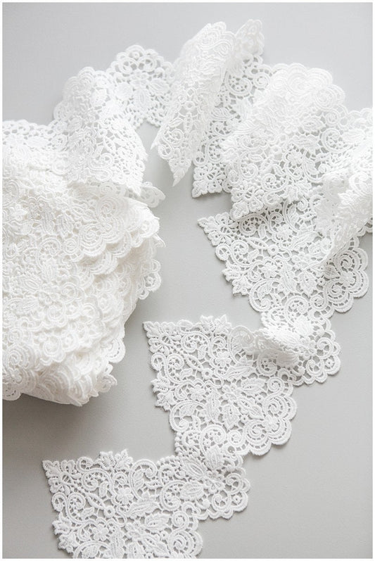 Milk silk embroidered lace trim/ elegant bridal lace trim/ off-white lace trim/ guipure look lace/ wedding dress lace trim// T17-057