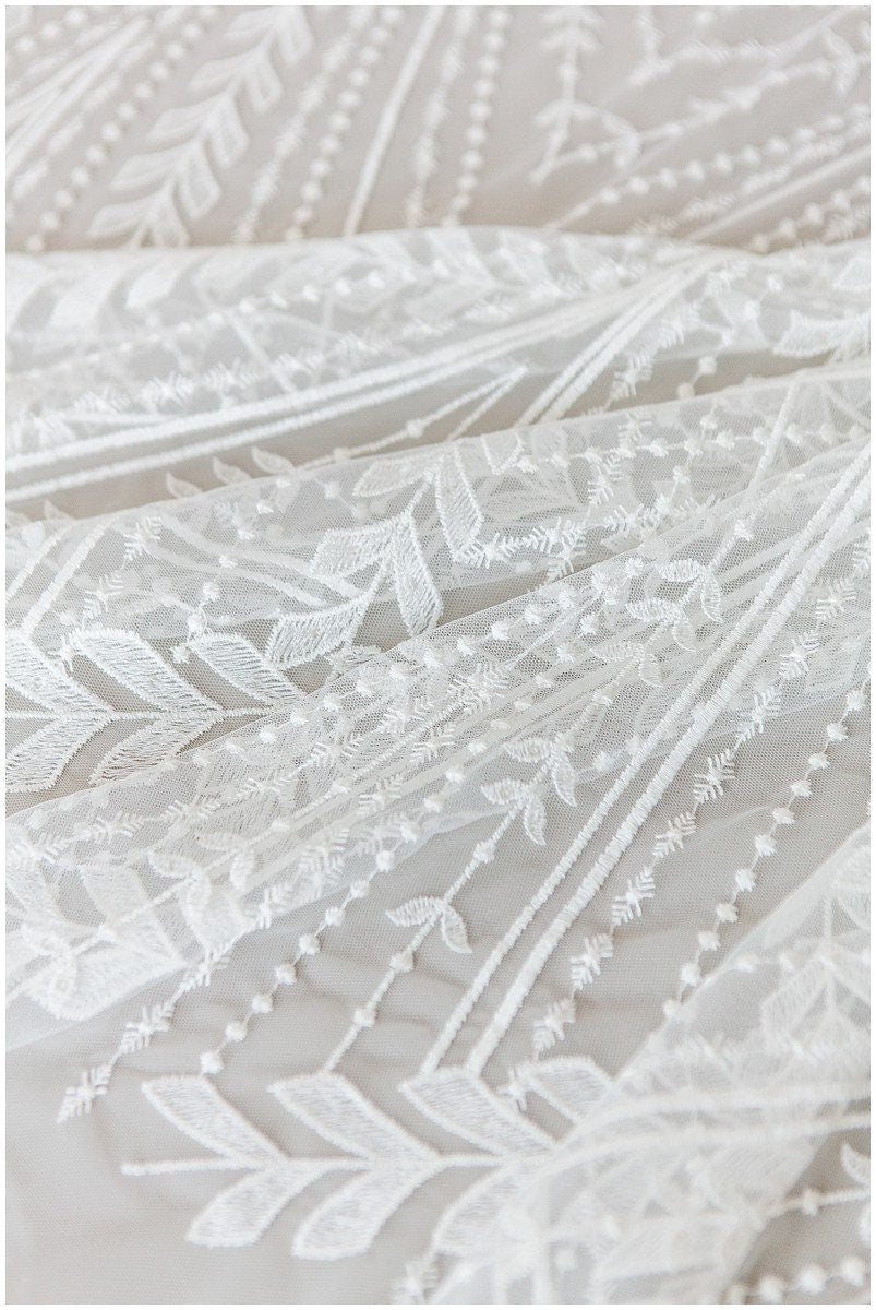 Soft embroidered boho lace fabric/ wedding lace fabric off-white/ boho wedding dress/ bridal lace fabric/ vintage lace// L17-173