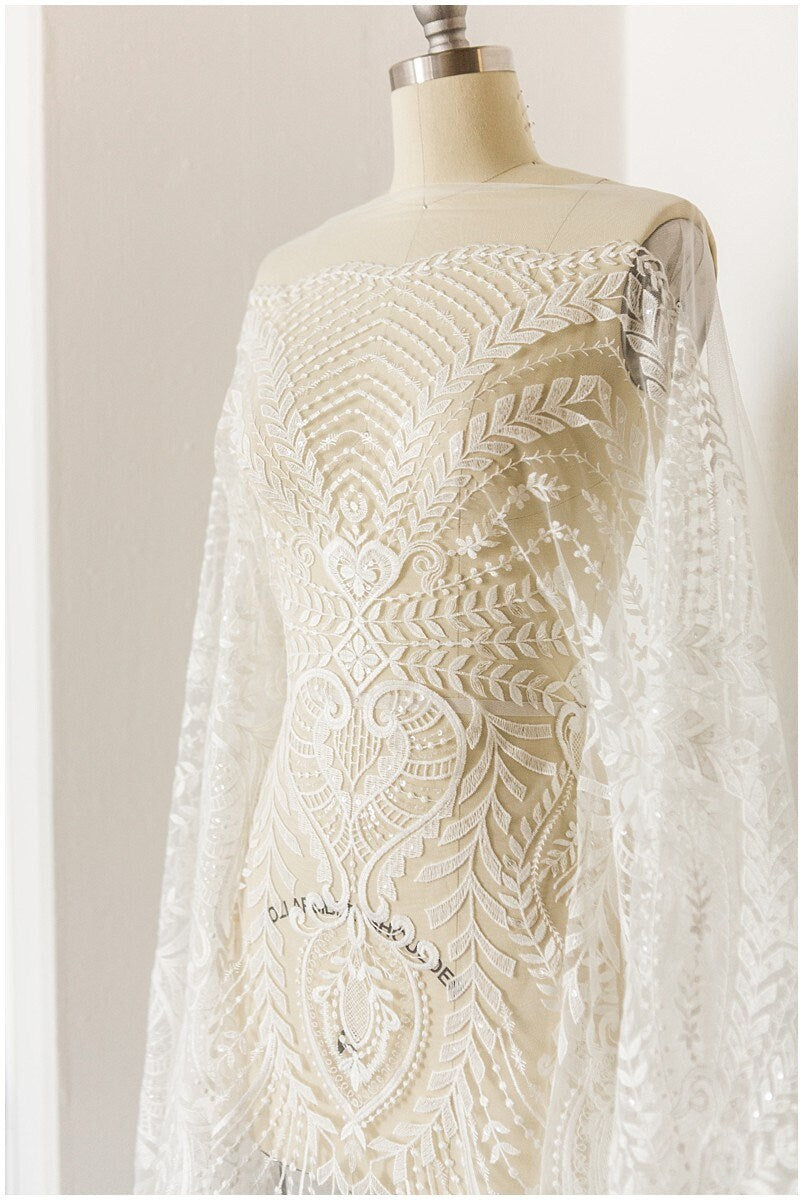 Soft embroidered boho lace fabric/ wedding lace fabric off-white/ boho wedding dress/ bridal lace fabric/ vintage lace// L17-173