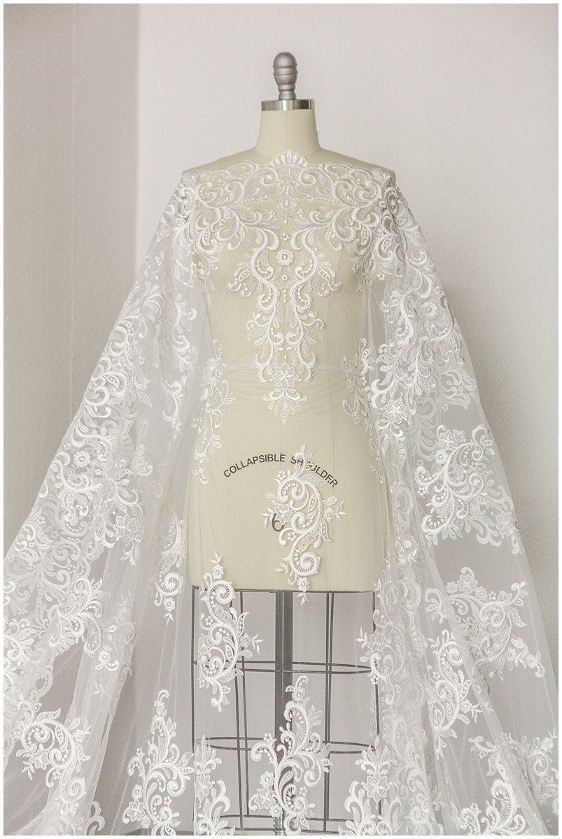 Heavy Embroidered Lace Fabric/ Bridal Lace Off-White/ Wedding Dress Lace/ Wedding Lace// L17-169