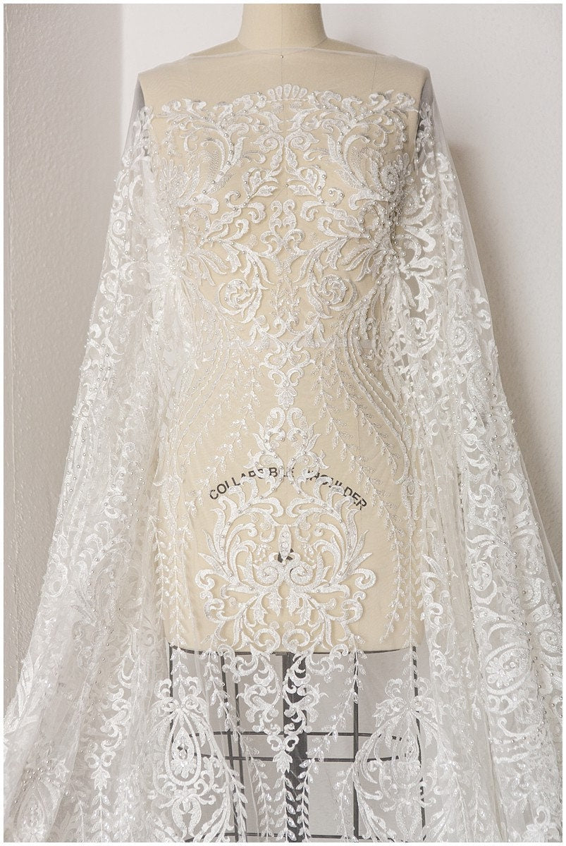 Wunderschöner Spitzenstoff Off-White/ Brautkleid Stoff/ Hochzeitskleid Tüll/ Couture/ Perlen Spitzenstoff/ Spitze Design// L17-182