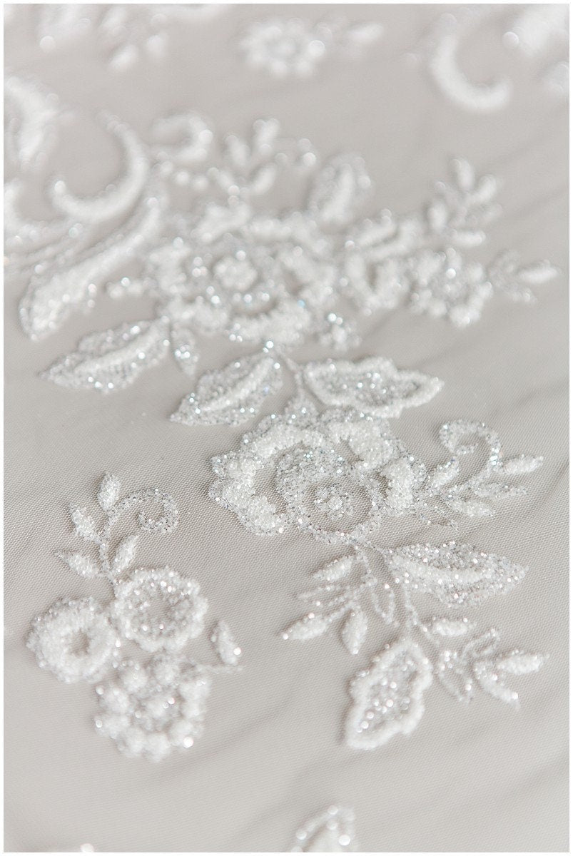 Shinebeads glitter fabric/ off-white silver glitter tulle/ flower pearl glitter tulle/ wedding dress tulle/ bridal glitter fabric// R-003