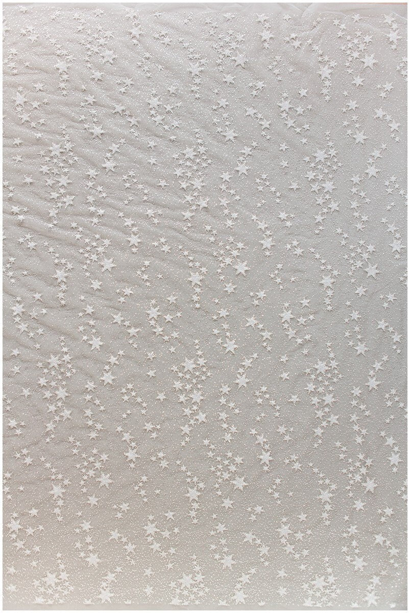 Stars glitter tulle/ off-white glitter tulle/ wedding dress tulle/ printed pearl tulle/ bridal glitter fabric// R-006