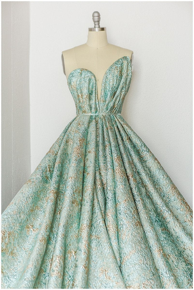 Turquoise old jacquard fabric/ evening dress mint green gold/ bridesmaids jacquard fabric// R-034GR 
