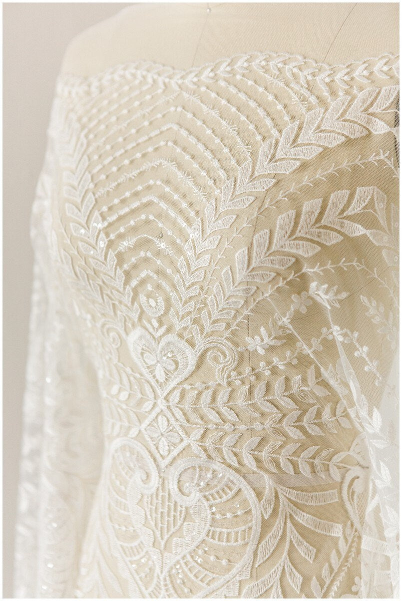 Soft embroidered boho lace fabric/ wedding lace fabric off-white/ boho wedding dress/ bridal lace fabric/ vintage lace// L17-173