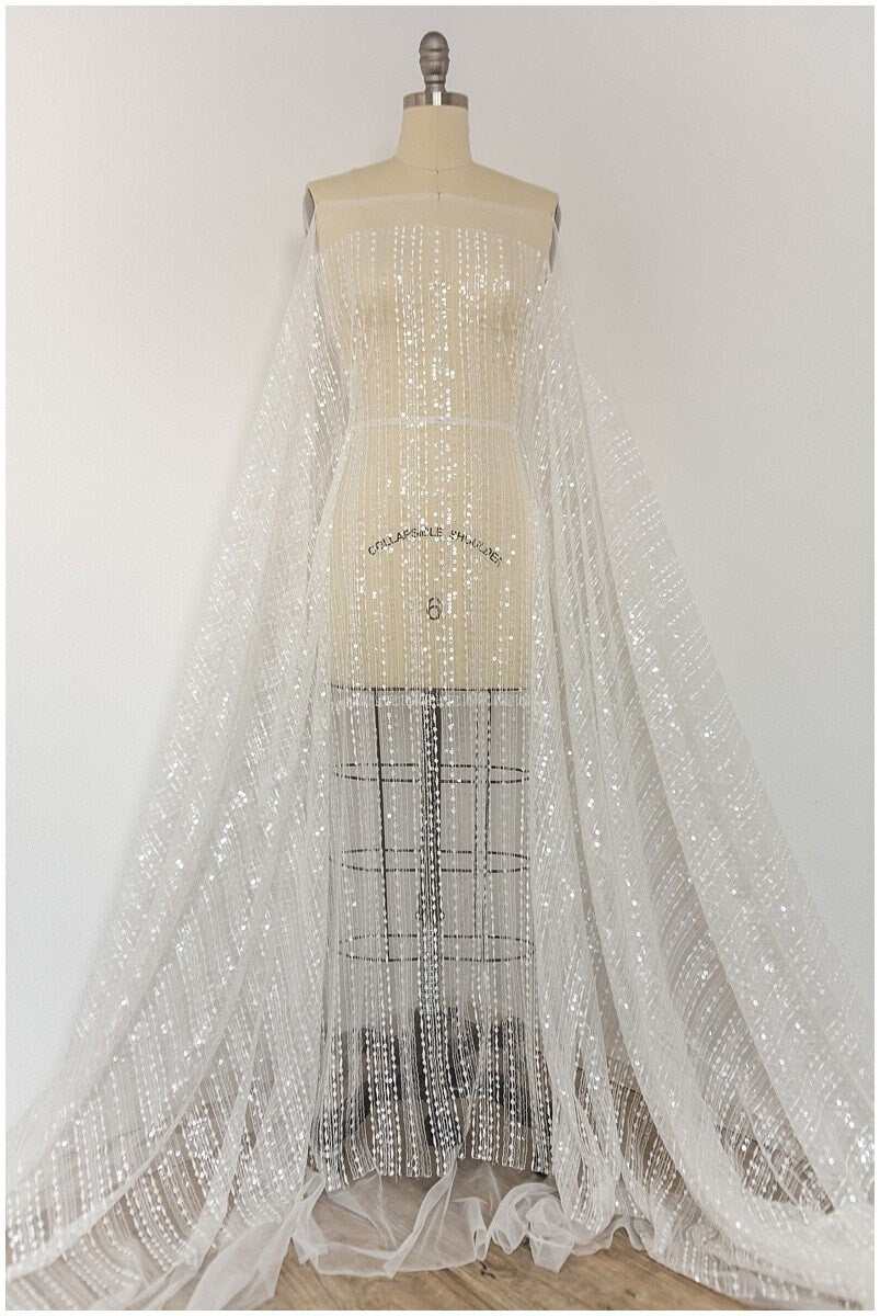 50% Sale - 2. Qualität - Moderner Spitzenstoff mit glänzenden Pailletten/ Braut Spitzenstoff Off-White/ moderner Spitzenstoff/ Streifenspitze// L17-174DEF