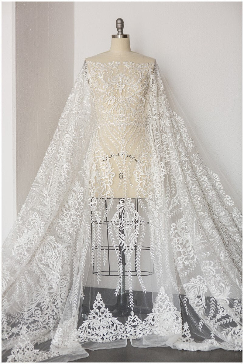 Wunderschöner Spitzenstoff Off-White/ Brautkleid Stoff/ Hochzeitskleid Tüll/ Couture/ Perlen Spitzenstoff/ Spitze Design// L17-182