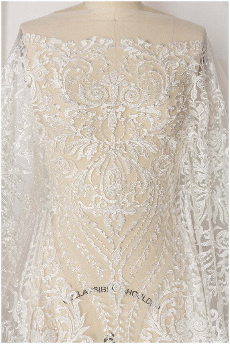 Wunderschöner Spitzenstoff Off-White/ Brautkleid Stoff/ Hochzeitskleid Tüll/ Couture/ Perlen Spitzenstoff/ Spitze Design// L17-182
