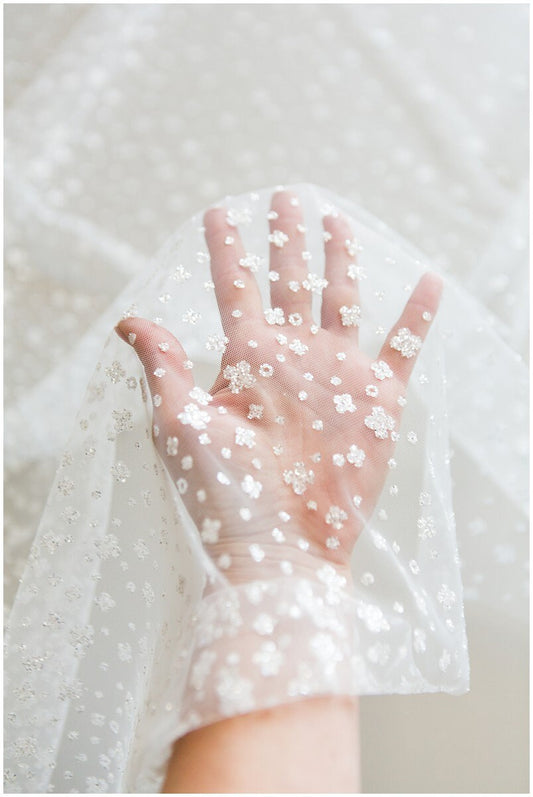 Gradient glitter mesh fabric/ Off-white silver glitter tulle/ Wedding dress tulle fabric/ Bridal glitter fabric// R-009