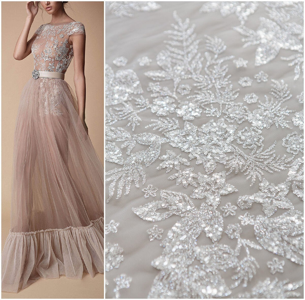 Shiny floral glitter fabric/ Off-White Diamond glitter tulle fabric/ shiny bridal tulle fabric// R-011