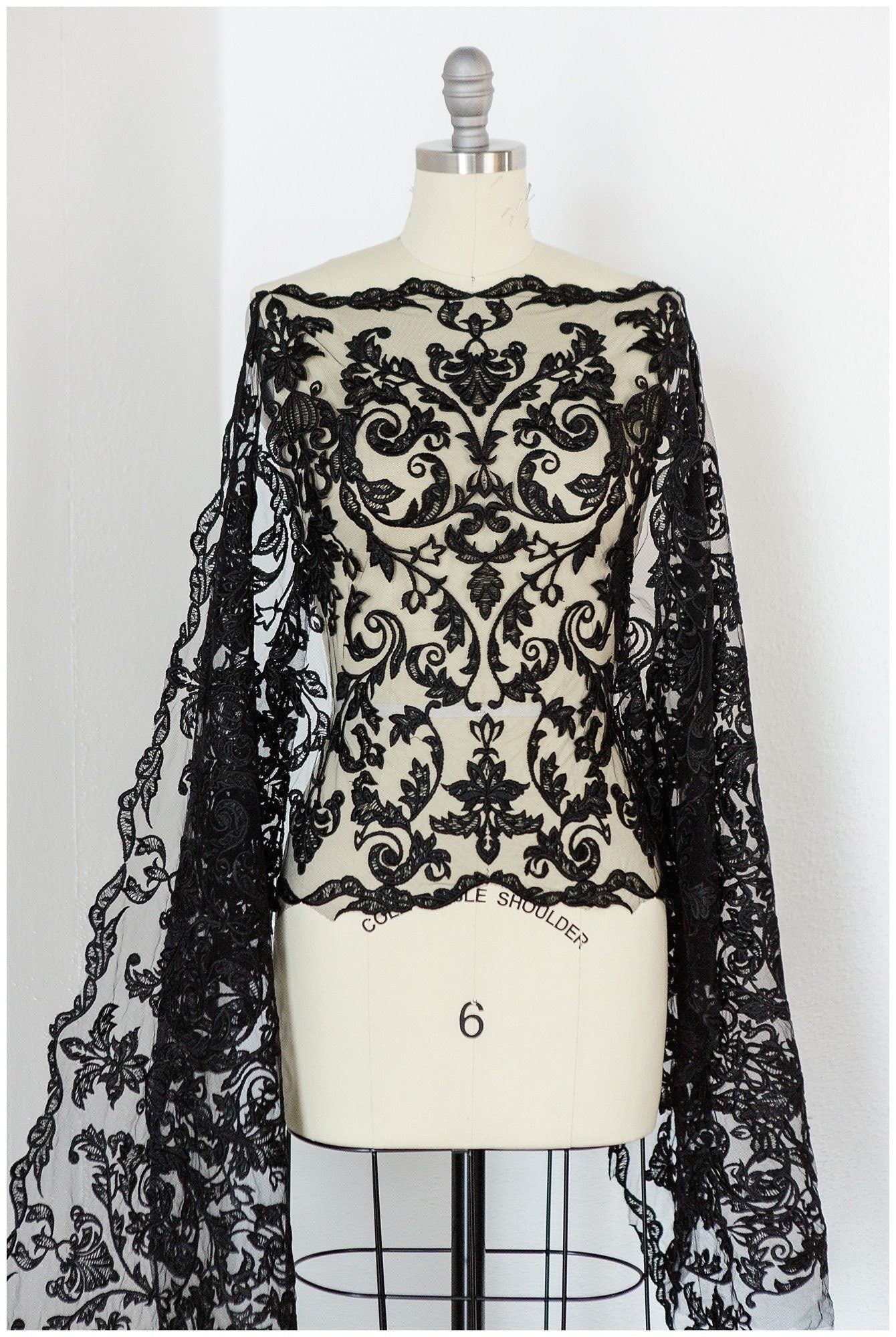 BLACK lace trim for evening dress, embroidered lace trim black, soft lace trim, lace trim for black veil// T17-063