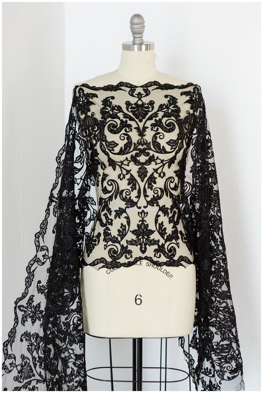 BLACK lace trim for evening dress, embroidered lace trim black, soft lace trim, lace trim for black veil// T17-063