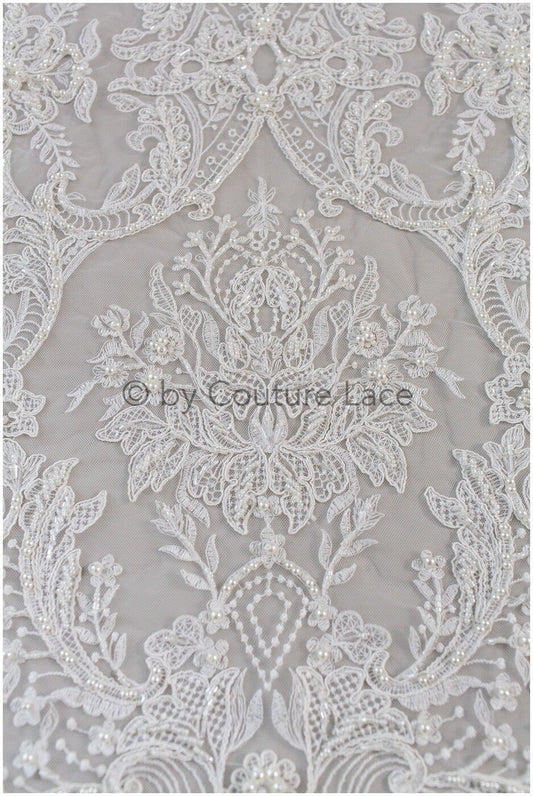 Luxus Handperlen Spitzenstoff Off-White/ Perlen Brautspitze/ Hochzeitskleid Spitze mit Perle// L19-209