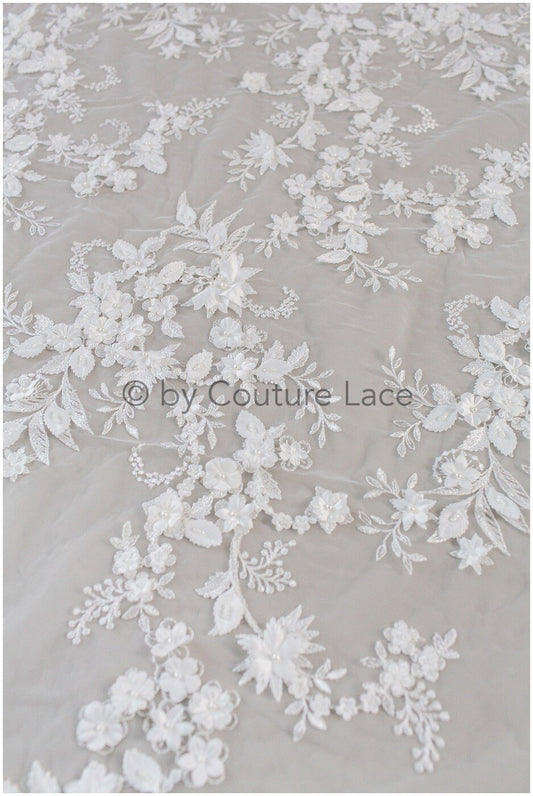 3D Blumen Spitzenstoff Off-White/ Braut Spitzenstoff/ romantischer Blumen Spitzenstoff/ Hochzeit Spitzenstoff// L19-210