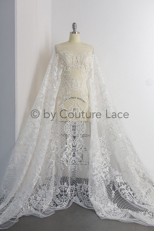 French Floral Lace/ Bridal Raschel Lace Off-White/ French Veil Lace/ Bridal Chanitilly Lace/ Boho Bridal Lace// L18-198