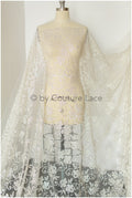 Floral lace glitter mesh fabric/ Off-white wedding dress fabric with glitter/ Shiny glitter tulle fabric/ R-015