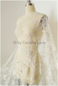 Floral lace glitter mesh fabric/ Off-white wedding dress fabric with glitter/ Shiny glitter tulle fabric/ R-015