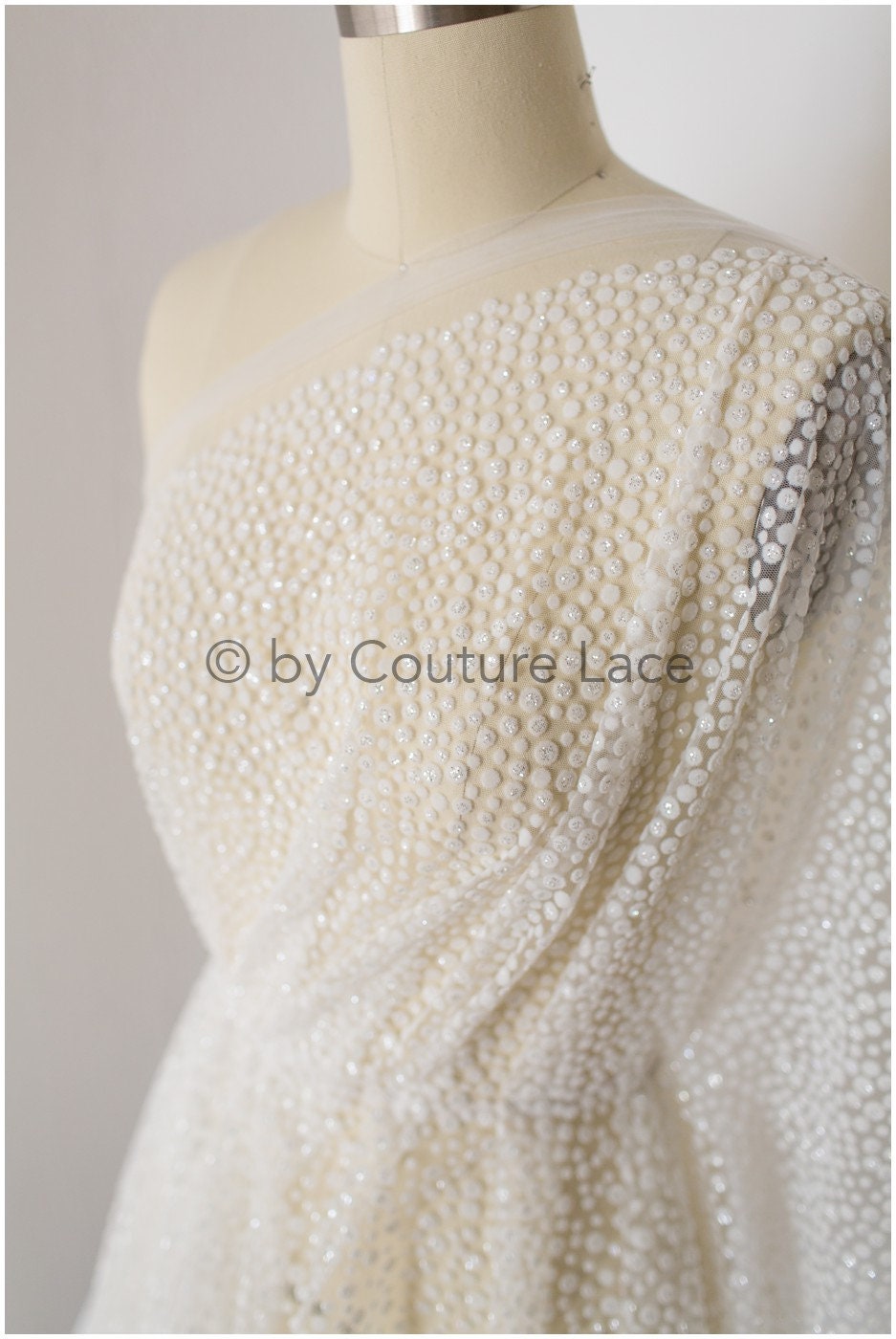 Shiny polka dot flock fabric with gradient/ off-white silver glitter fabric with flock/ elegant mesh tulle lace fabric/ off-white bridal tulle fabric// R-017