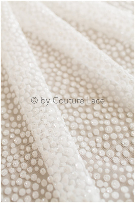 Shiny polka dot flock fabric with gradient/ off-white silver glitter fabric with flock/ elegant mesh tulle lace fabric/ off-white bridal tulle fabric// R-017