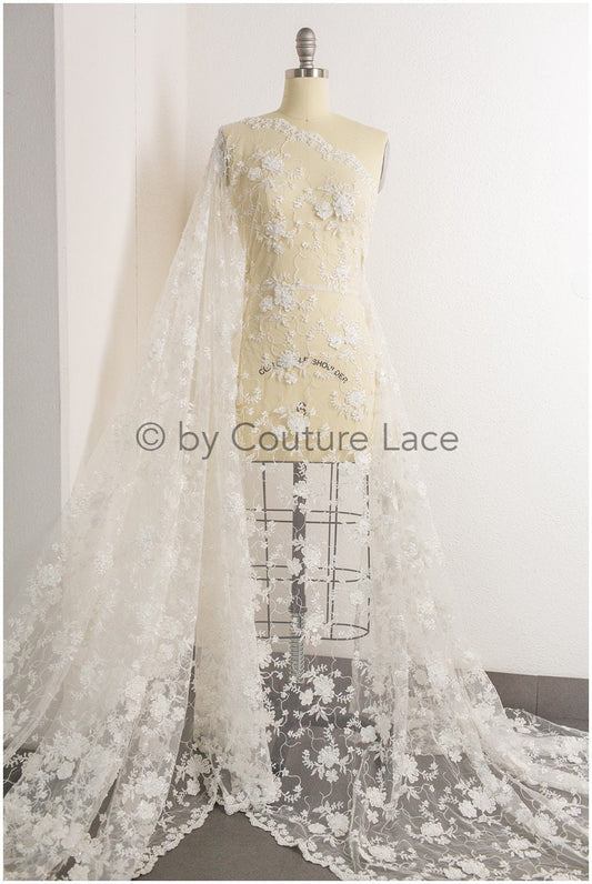 3D Blumen Spitzenstoff Off-White/ Braut Perlen Spitzenstoff/ romantischer Spitzenstoff mit 3D Blumen/ Hochzeit Spitzenstoff// L19-205