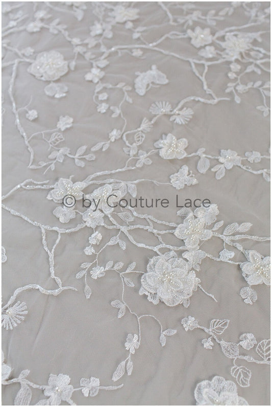 3D Blumen Spitzenstoff/ Braut Spitzenstoff/ romantischer Blumen Spitzenstoff mit 3D Blumen/ Hochzeit Spitzenstoff// L19-207
