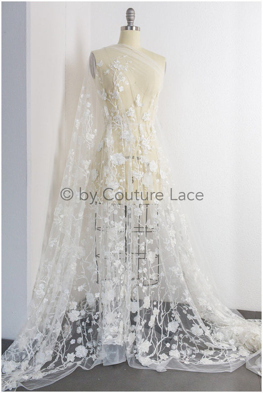3D Blumen Spitzenstoff/ Braut Spitzenstoff/ romantischer Blumen Spitzenstoff mit 3D Blumen/ Hochzeit Spitzenstoff// L19-207