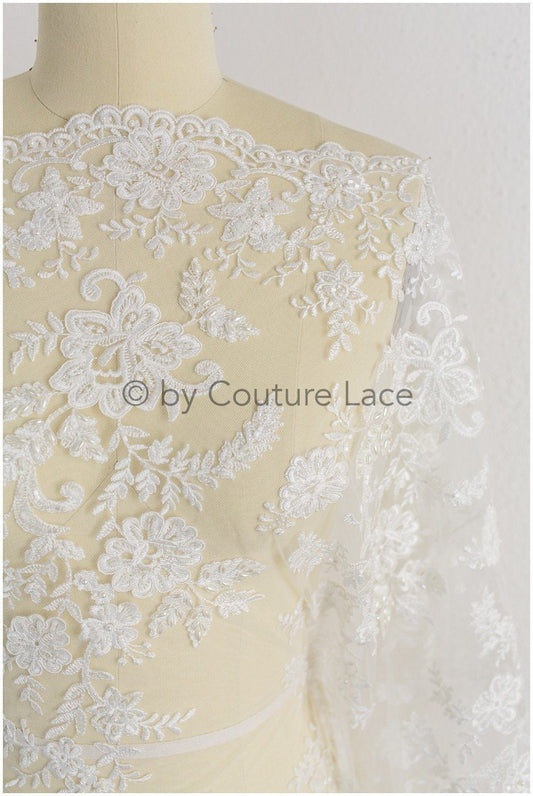 Perlen Spitzenstoff Off-White/ Brautspitze mit Perlen/ Blumenhochzeitskleid Spitze mit Perlen & Pailletten// L19-208