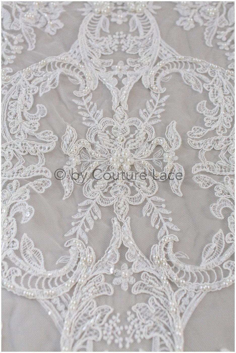 Luxus Handperlen Spitzenstoff Off-White/ Perlen Brautspitze/ Hochzeitskleid Spitze mit Perle// L19-209