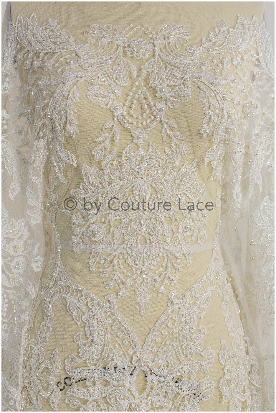 Luxus Handperlen Spitzenstoff Off-White/ Perlen Brautspitze/ Hochzeitskleid Spitze mit Perle// L19-209