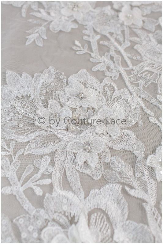 3D Blumen Spitzenstoff/ Braut Spitzenstoff Off-White/ romantischer Blumen Spitzenstoff mit 3D Blumen/ Hochzeit Spitzenstoff// L19-211