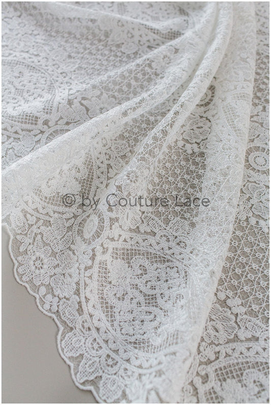 Bestickter Brautspitze Stoff/ Braut Spitze Stoff Off-White/ Milchseide Spitzenstoff/ Brautspitze// L19-222