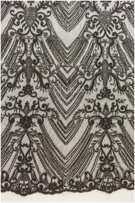 Perlen Spitzenstoff Schwarz/ Couture Spitzenstoff/ Spitzenstoff mit Perlen/ Perlen Spitze// L19-217