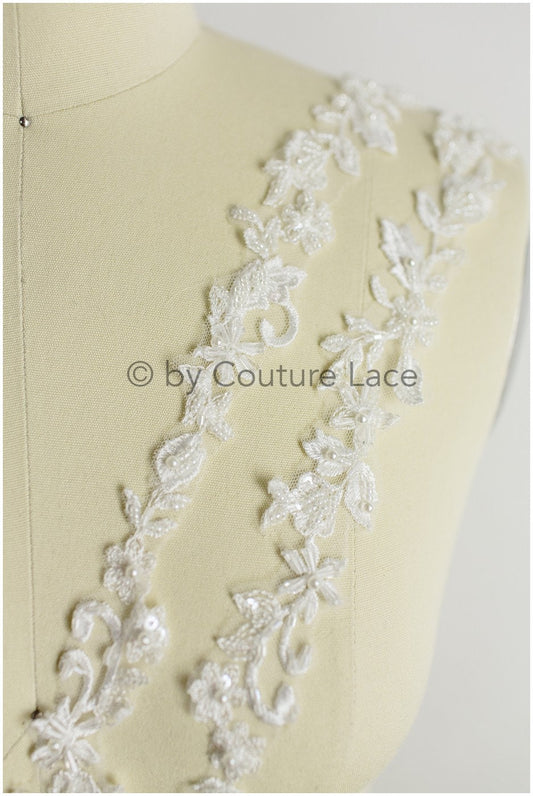 Hand embroidered lace trim for wedding dress/ embroidered lace for veil/ lace trim off-white// T19-068