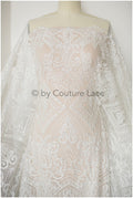 Geometric lace fabric off-white/ bridal lace with beads/ abstract wedding dress lace with beads &amp; sequins// L19-249