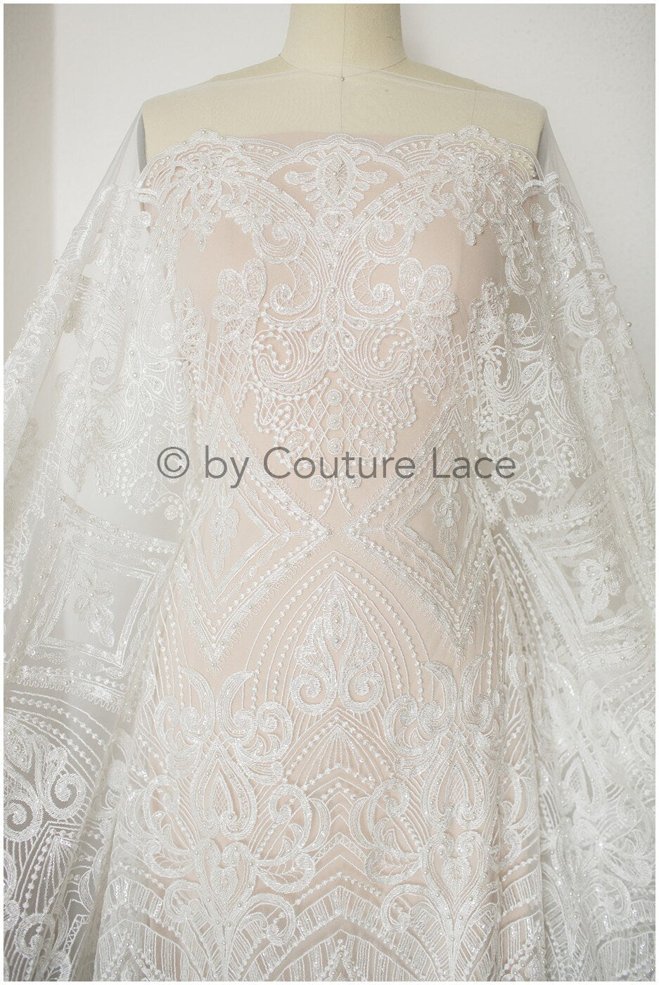 Geometric lace fabric off-white/ bridal lace with beads/ abstract wedding dress lace with beads &amp; sequins// L19-249