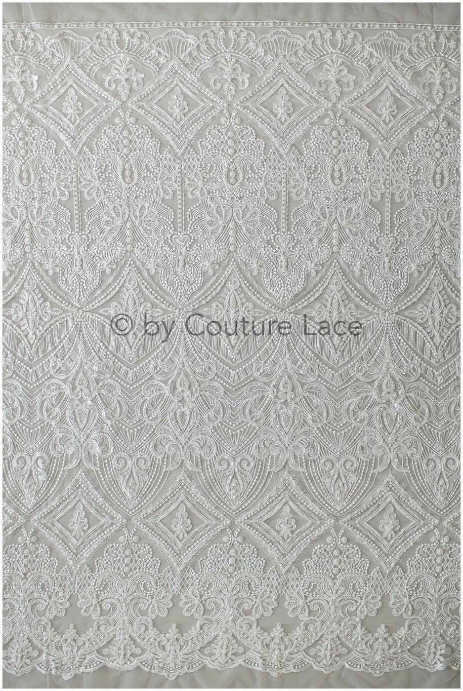 Geometric lace fabric off-white/ bridal lace with beads/ abstract wedding dress lace with beads &amp; sequins// L19-249