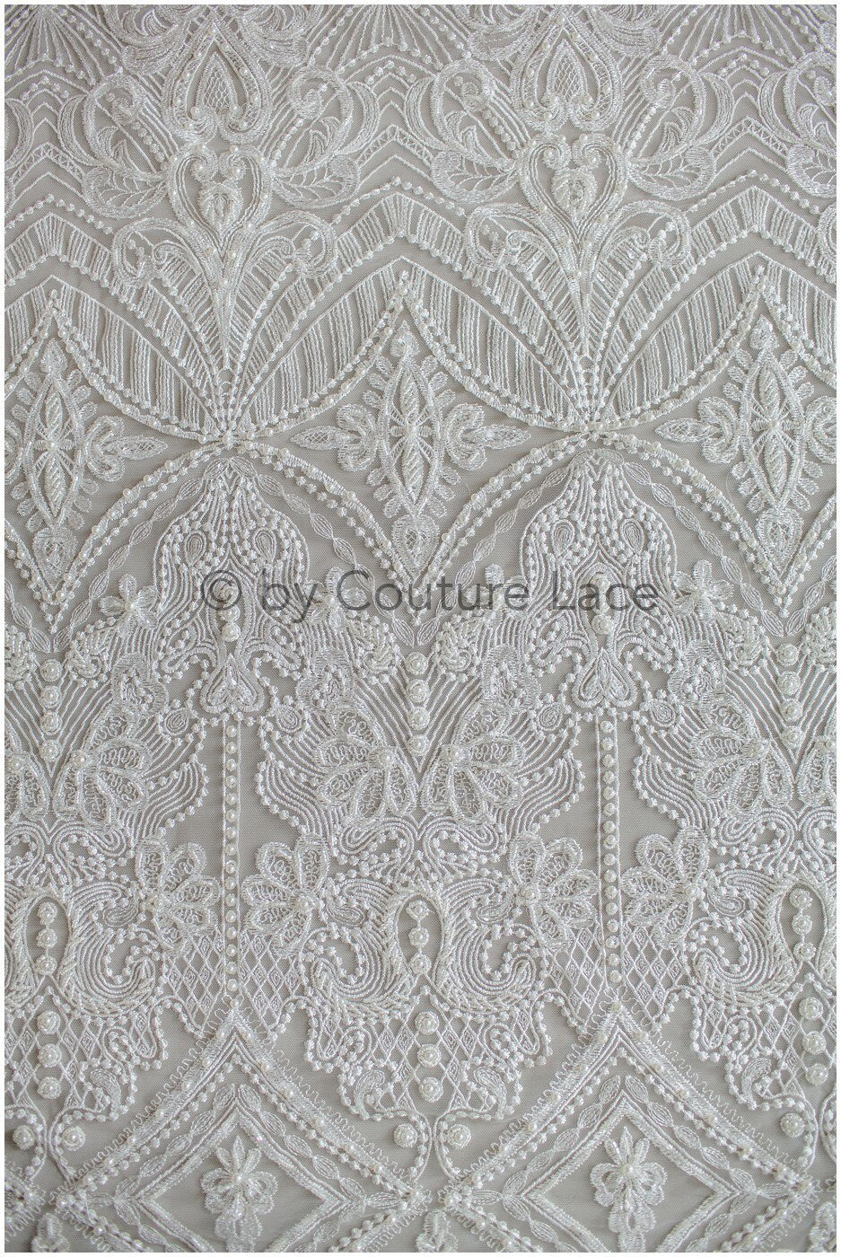 Geometric lace fabric off-white/ bridal lace with beads/ abstract wedding dress lace with beads &amp; sequins// L19-249