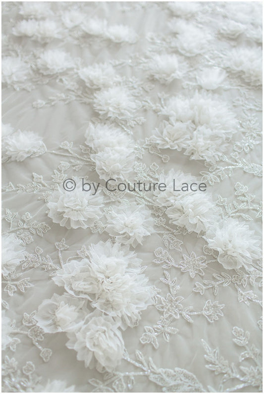 3D Blumen Spitzenstoff/ Braut Spitzenstoff/ romantischer Blumen Spitzenstoff mit 3D Blumen/ Hochzeit Spitzenstoff// L19-253