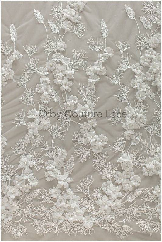 3D Blumen Spitzenstoff Off-White/ Braut Spitzenstoff mit Perlen/ romantischer Spitzenstoff mit 3D Blumen/ Hochzeit Spitzenstoff// L19-245
